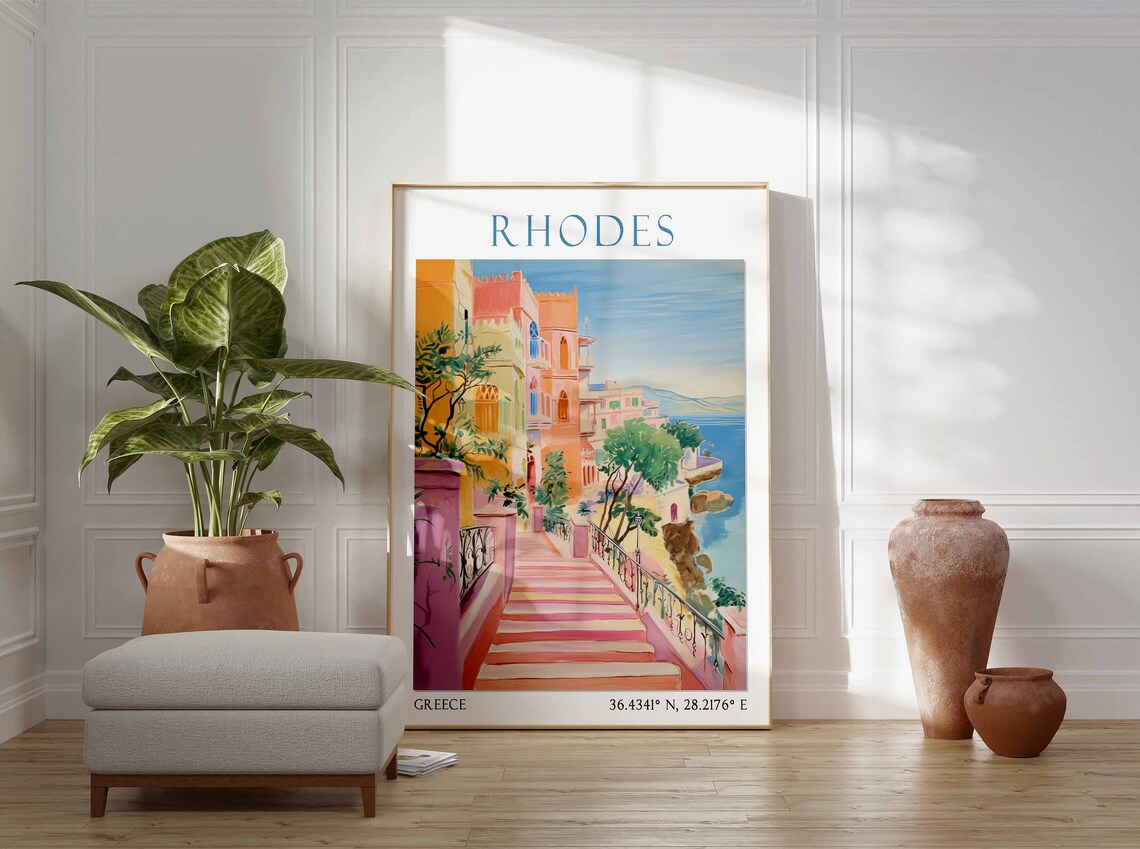 Rhodes Greece Pastel Staircase Old Town Overlooking the Sea Poster - Image 2