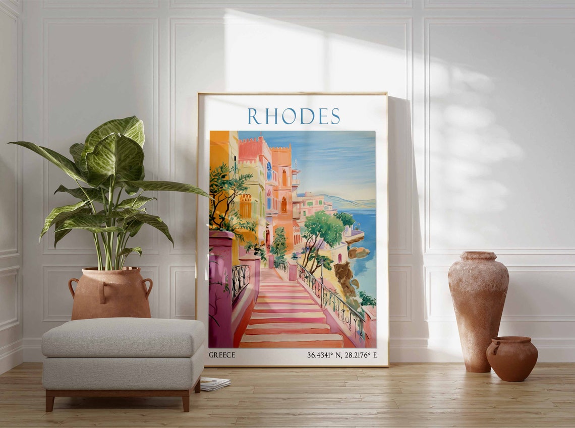 Rhodes Travel Print Rhodes Travel Poster Greece Wall Art Landscape Print Greek Travel Decor Greek Travel Decor Vintage Wall Art - Image 2