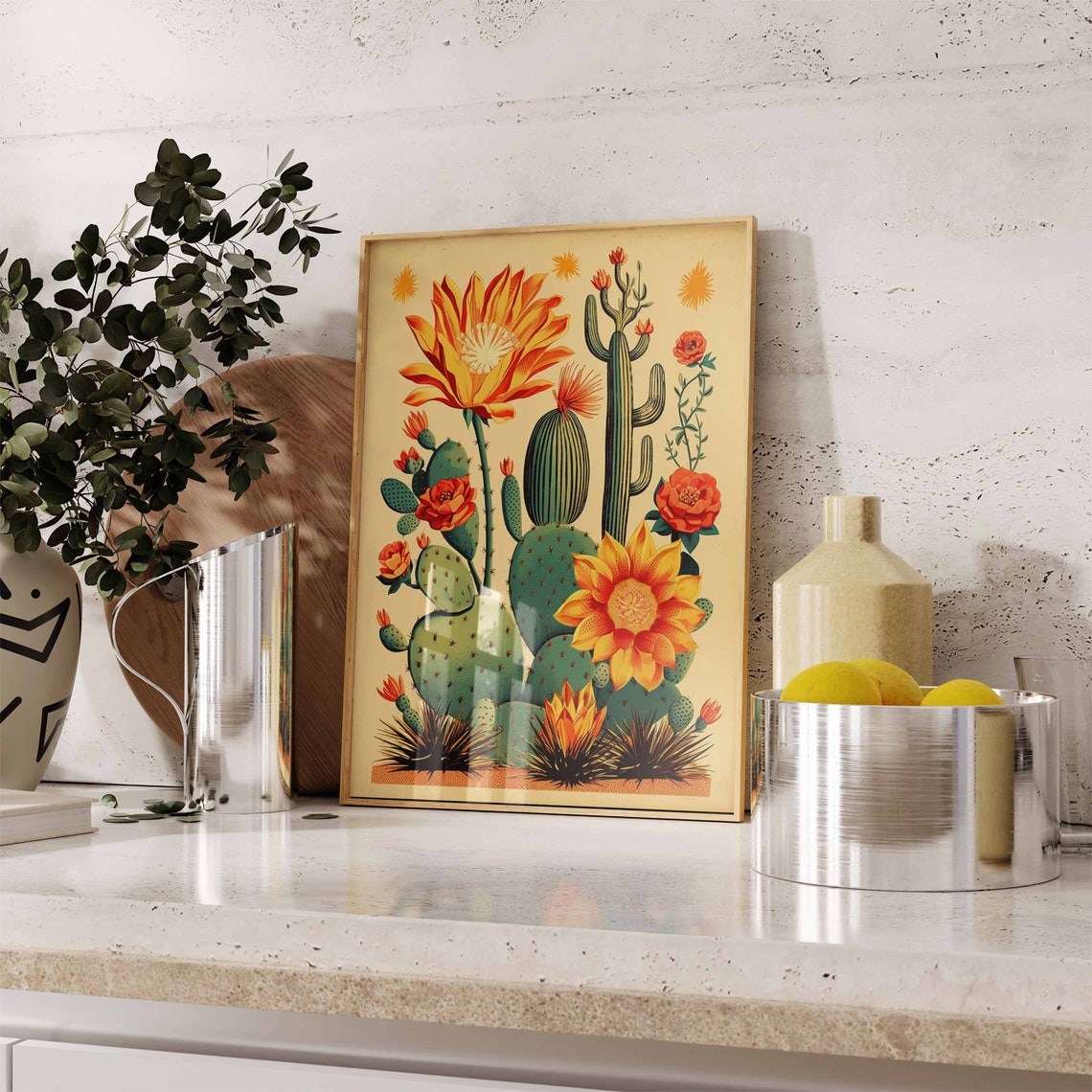 Rustic Cactus Cluster Orange Blooms Cream Botanical Wall Art - Image 2