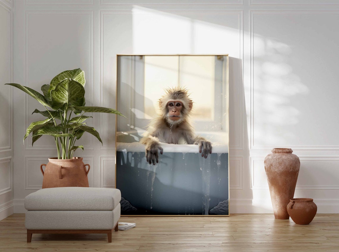Wet Baby Monkey Draped Over A Blue Bathtub Edge Close Up Poster - Image 3
