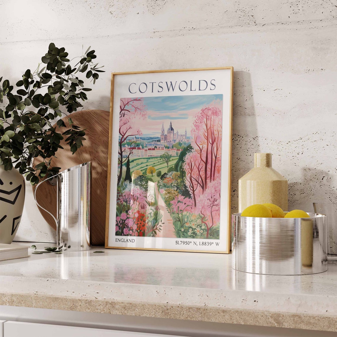Cotswolds Garden Path with Pink Blossom Trees England Poster Art - Image 3