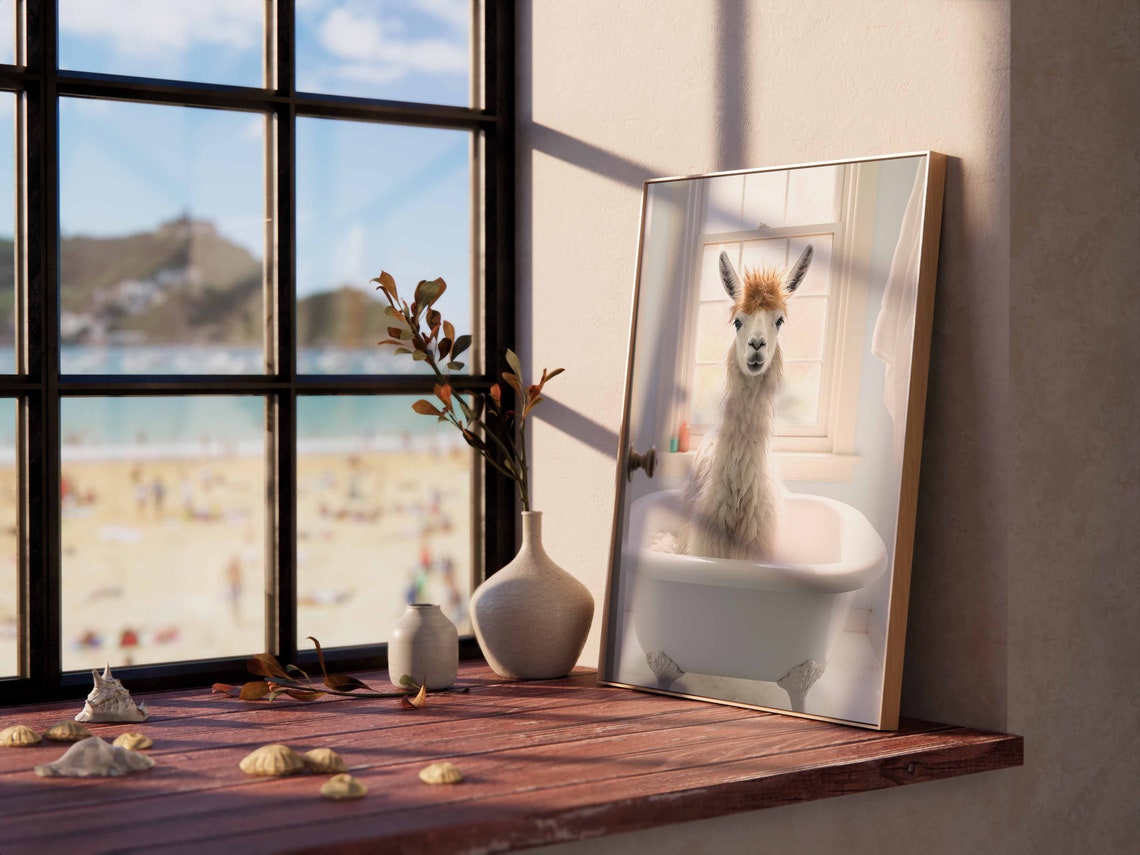 Fluffy White Llama Standing In A White Bathtub Portrait Poster - Image 2