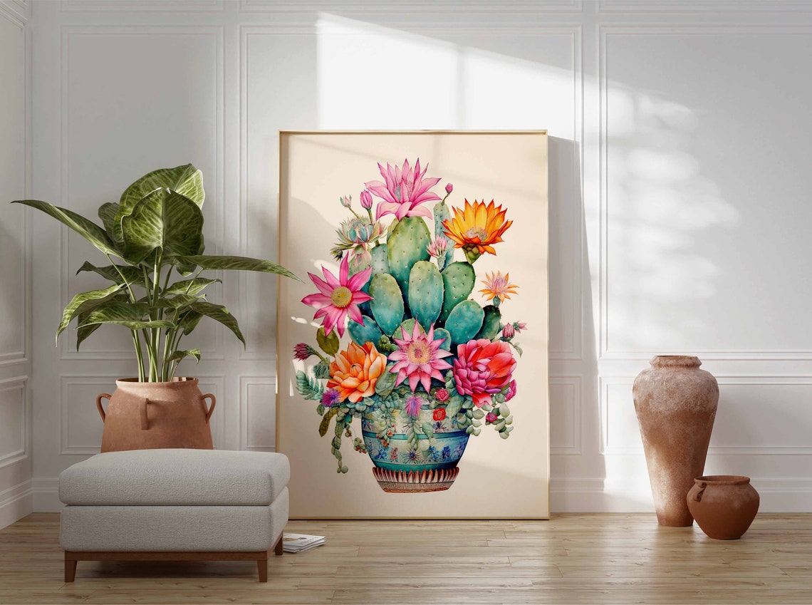 Flowering Prickly Pear Cacti in a Decorative Pot Watercolor Poster - Image 3