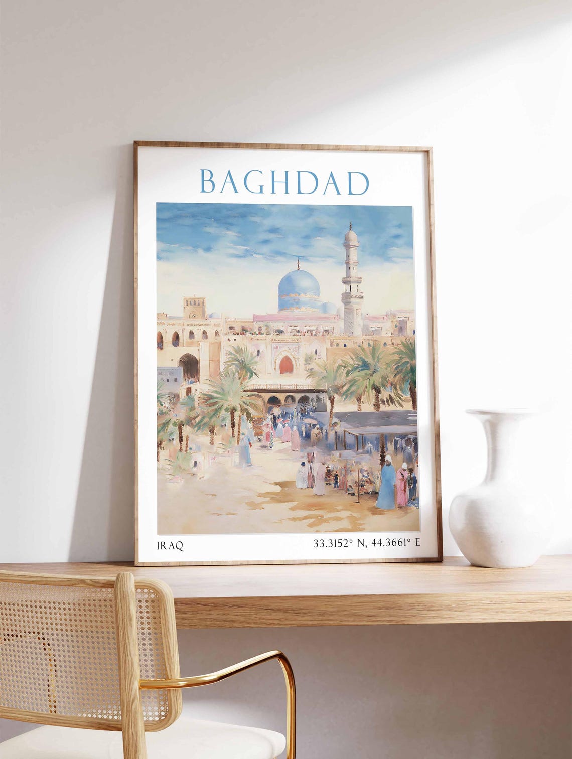 Baghdad Iraq Blue Dome Mosque Palm Street Market Scene Poster