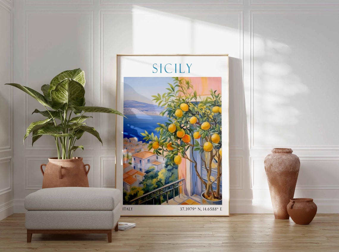 Sicily Citrus Lemon Tree Terrace Sea View Watercolor Travel Poster - Image 3