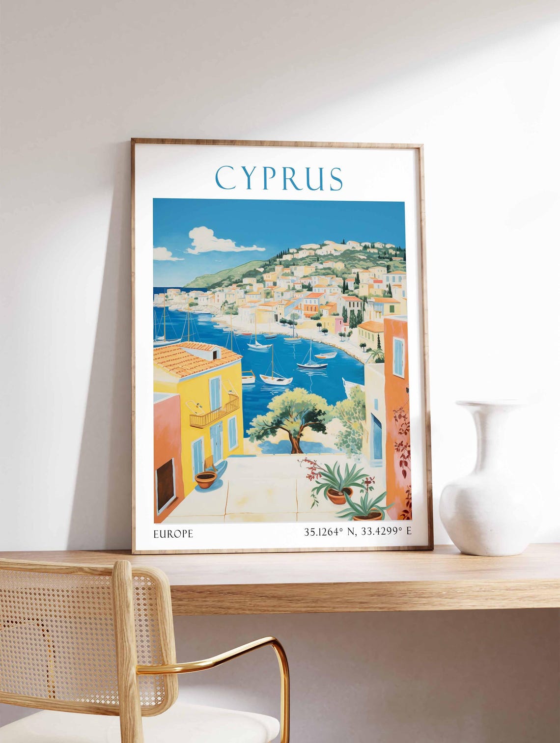 Cyprus Harbor Town Sailboat Fleet Mediterranean Bay View Poster