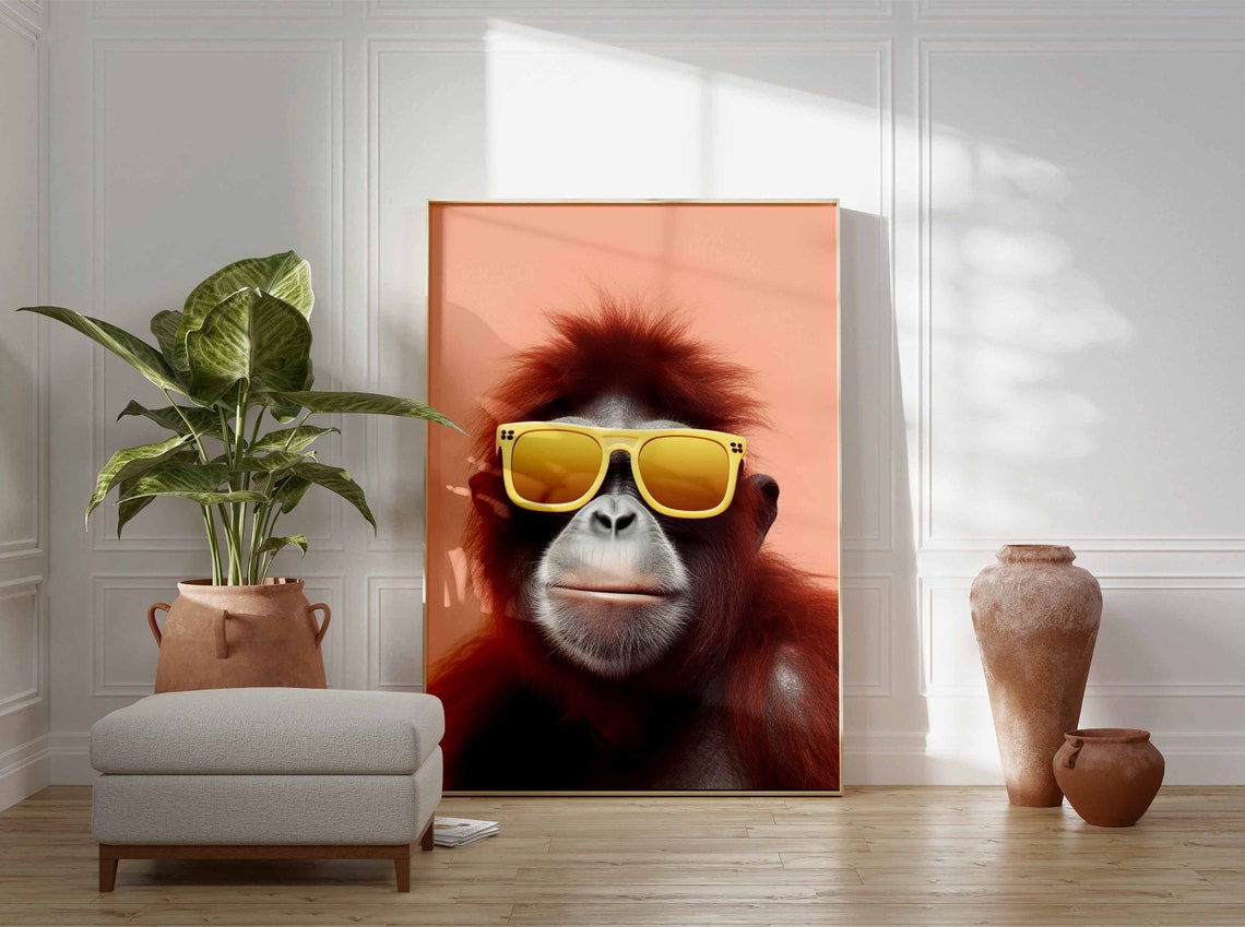 Orangutan Wearing Yellow Sunglasses on a Pink Background Poster - Image 3