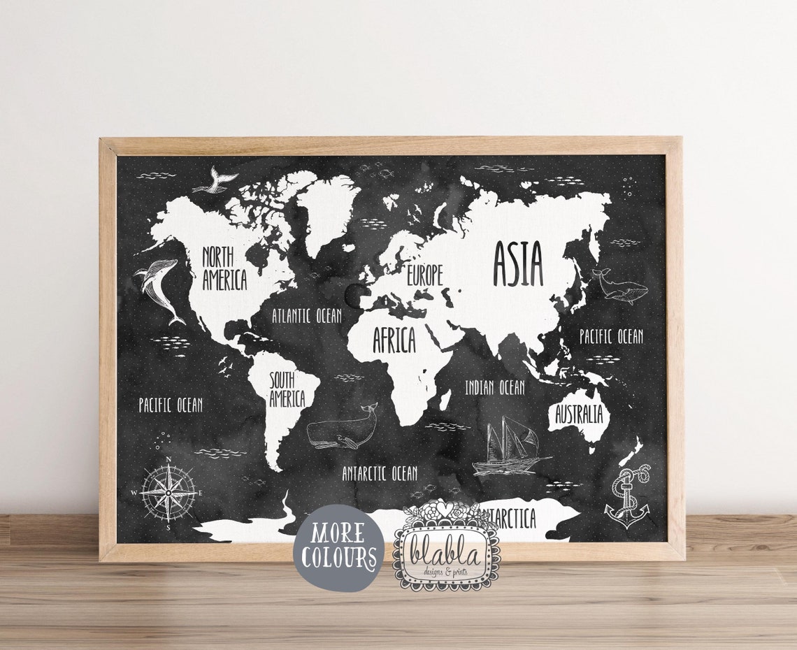 Nautical Navy Watercolour Kids World Map With Whales Compass Poster - Image 2