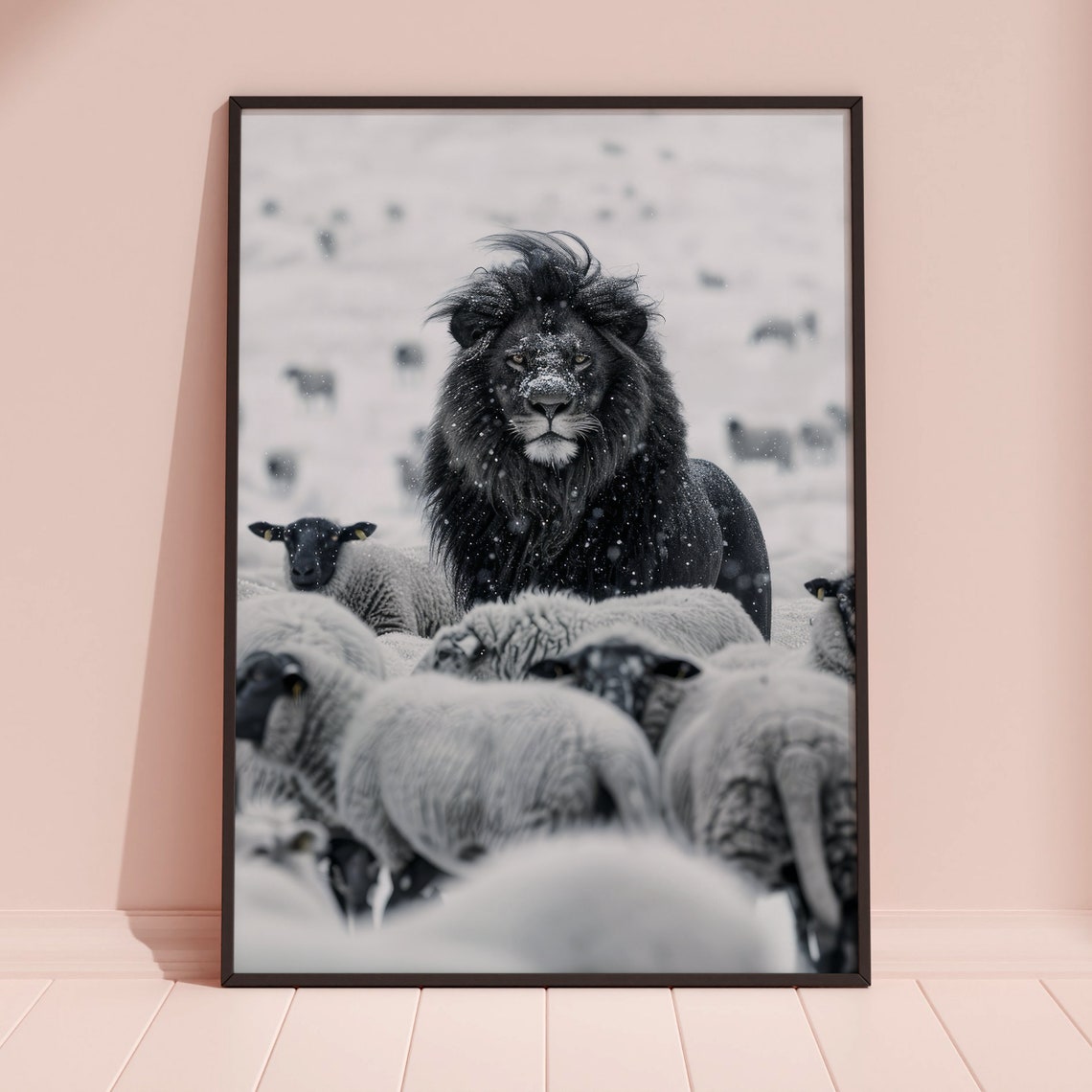 Black Lion Among Sheep In Snow Dramatic Fine Art Photo Poster - Image 2