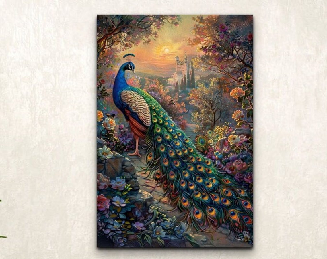 Peacock On Stone Garden Path Sunset Blooms Fantasy Painting Wall Art