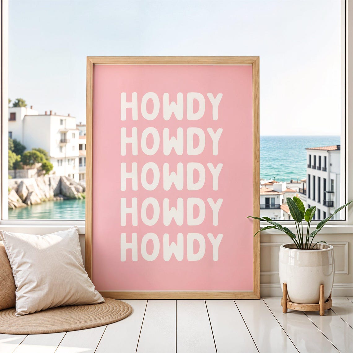 Howdy Repeated Cream on Pink Typography Poster for Cute Room Decor