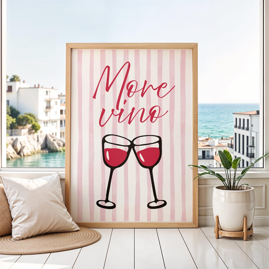 More Vino Funny Wine Lover Pink Stripe Cheerful Bar Wall Art
