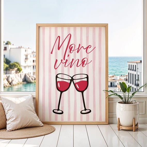 More Vino Poster Wine Wall Art Pink Stripe Bar Print Funny Kitchen Clinking Glasses Girls Night