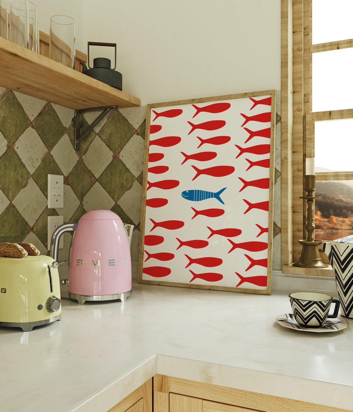 Red Fish School Sardines Pattern Blue Fish Minimalist Poster