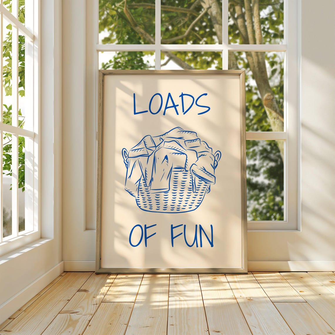 Loads Of Fun Print Funny Laundry Room Poster Utility Wall Art Beige Blue