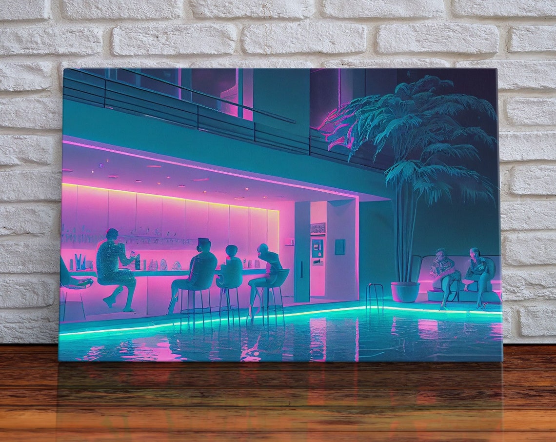 Vaporwave Poolside Lounge Neon Bar Night Palm Trees Retro Poster - Image 6