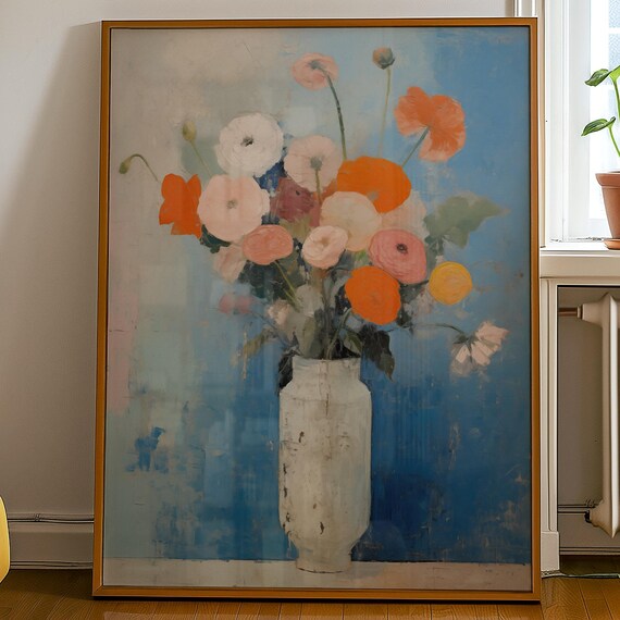 Still Life Poster Pastel Vase With Flowers Art Print Illustration In Blue Orange Romantic Drawing For Kitchen