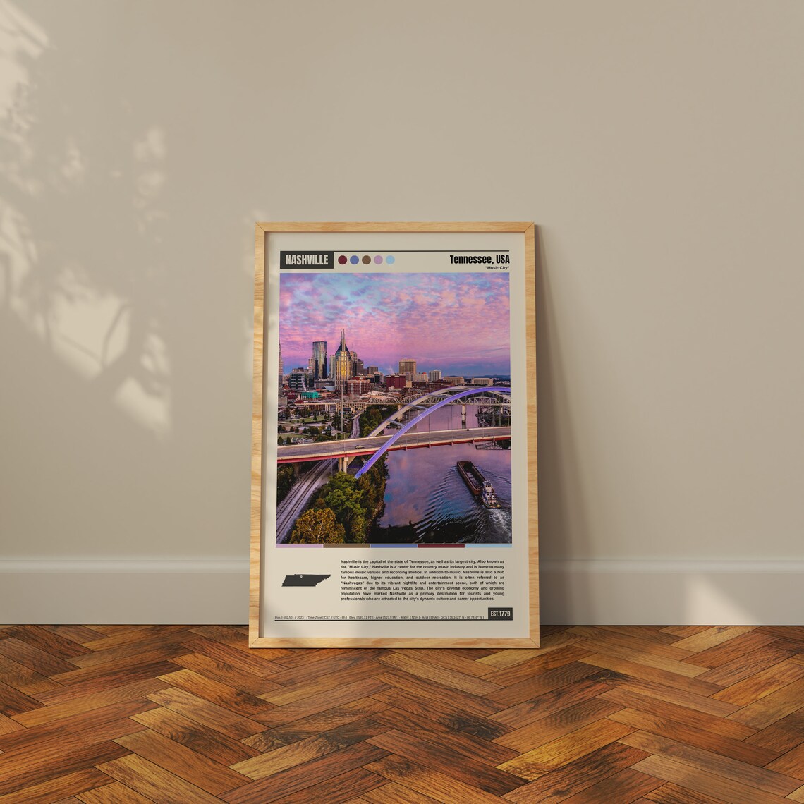 Nashville Tennessee Pink Music City Skyline Sunset Travel Poster - Image 3