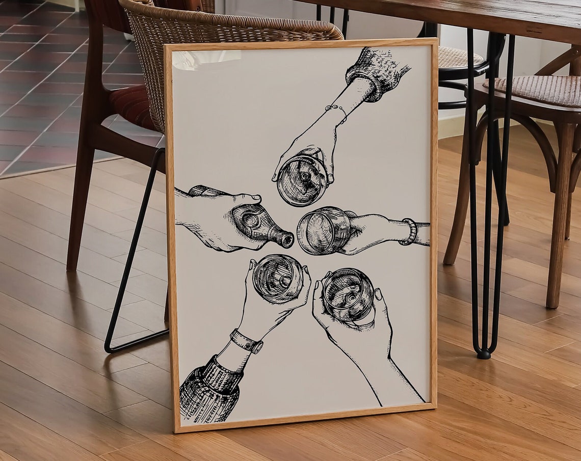 Cheers Wine Glasses Toast Black Ink Sketch Celebration Poster - Image 4