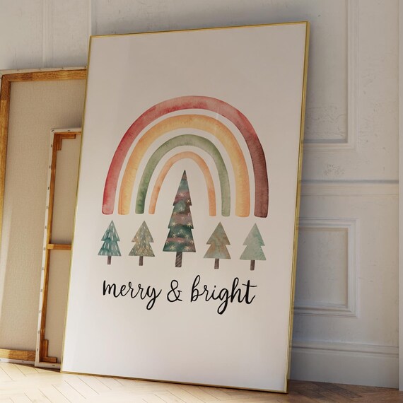 Merry and Bright Rainbow Boho Watercolor Trees Christmas Poster