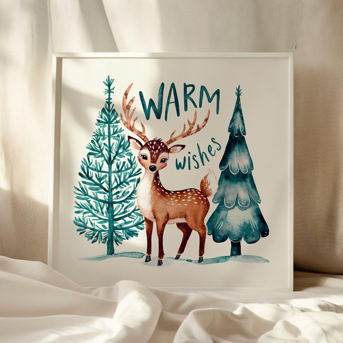 Warm Wishes Cute Deer Watercolor Forest Winter Christmas Poster