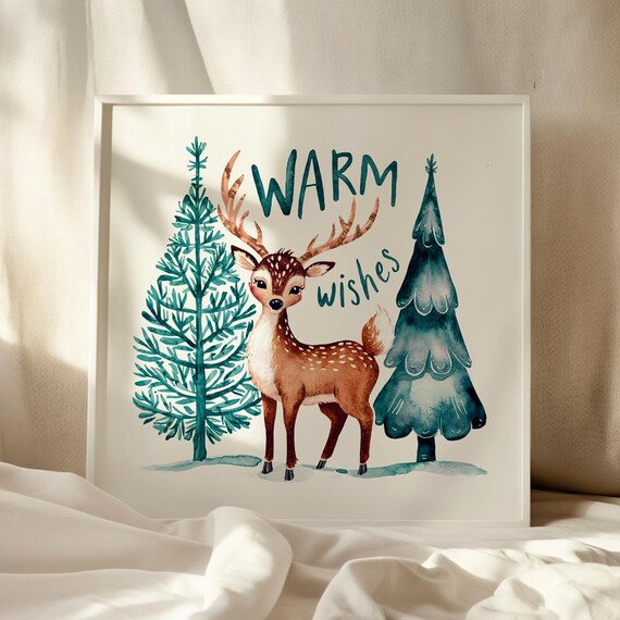 Warm Wishes Cute Deer Watercolor Forest Winter Christmas Poster