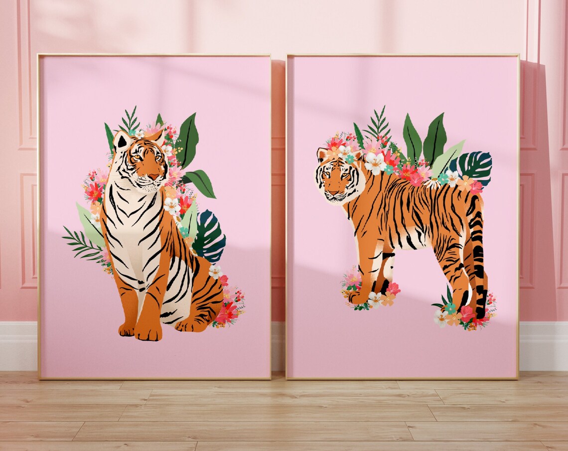 Pink Tiger And Flowers Prints, Jungle Plant Art