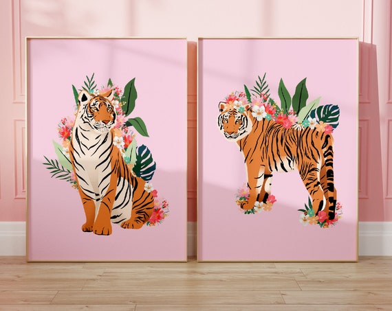 Pink Tiger And Flowers Prints, Jungle Plant Art