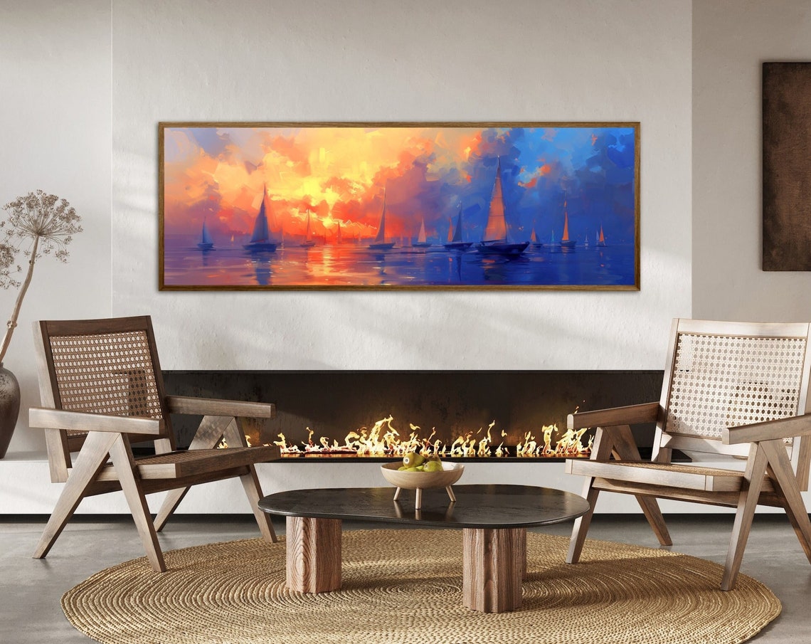 Sailboats at Sunset Orange Blue Sea Panoramic Seascape Poster