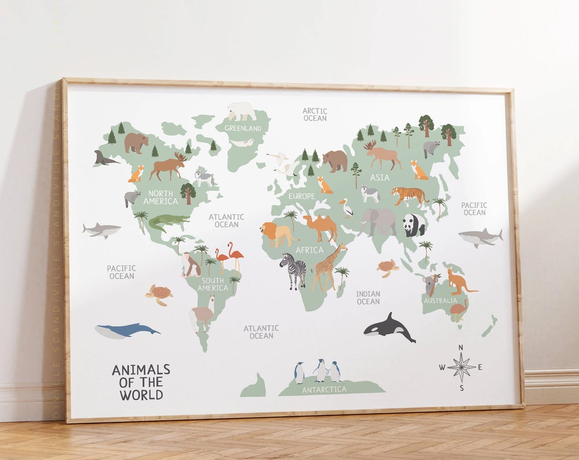 Animals Of The World Sage Nursery World Map Animal Kids Wall Art