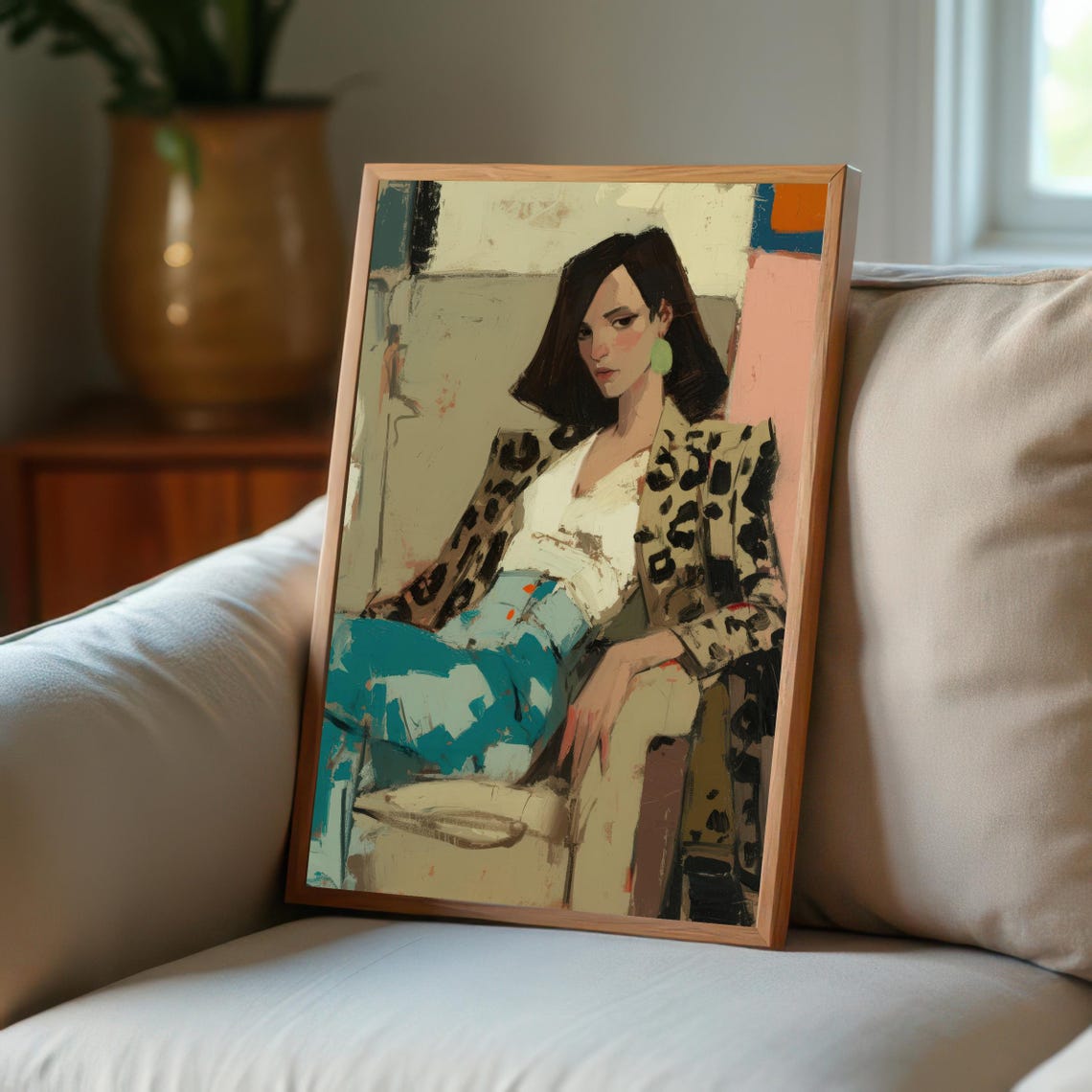 Fashion Female Portrait Art Print Woman Leopard Jacket Painterly Style Wall Decor Expressive Figure