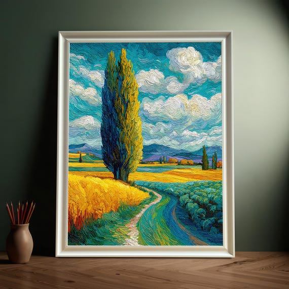 Tuscan Cypress Tree Wood Framed Art Print Vibrant Impasto Field Painting Mediterranean Landscape