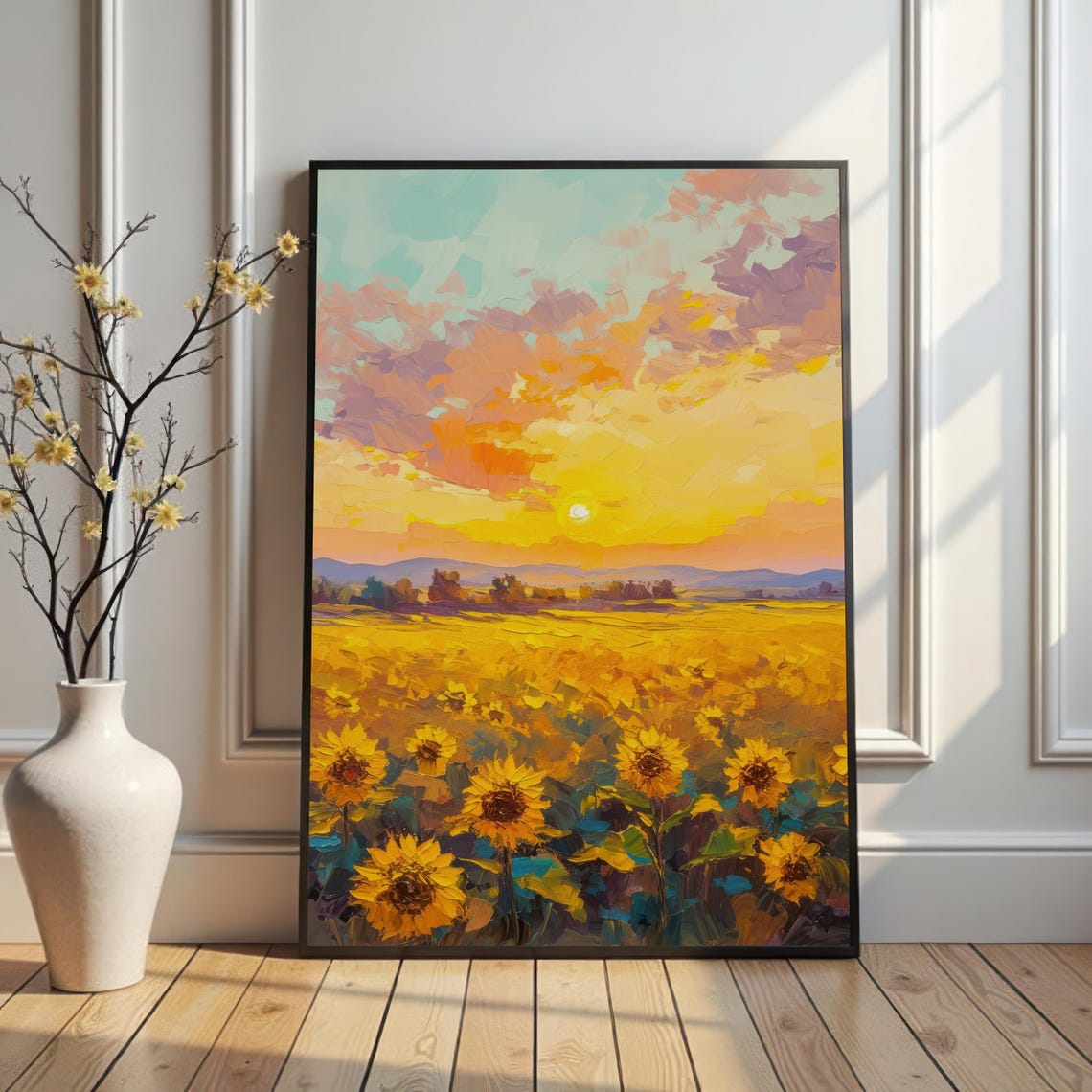Sunflower Field at Golden Sunset Glowing Evening Landscape Art Print