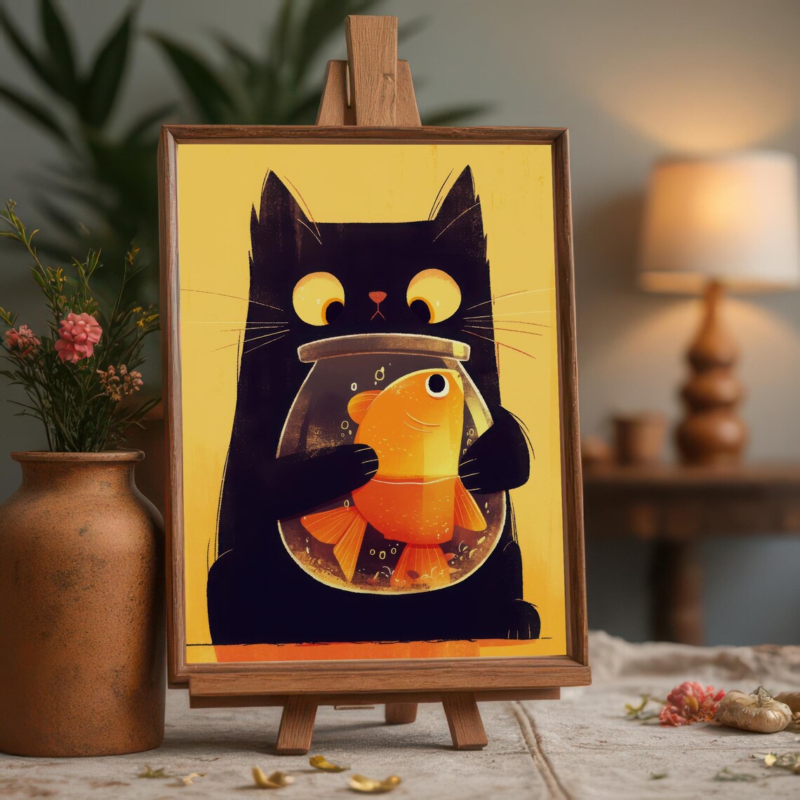 Big Eyed Black Cat Holding a Goldfish Bowl Playful Whimsical Poster