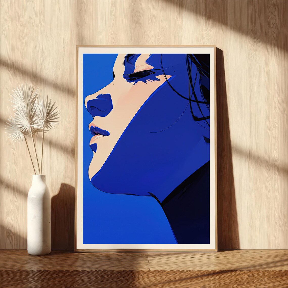 Expressive Bold Blue Abstract Woman Face Art Illustration Modern Portrait Graphic Artistic Print Wall