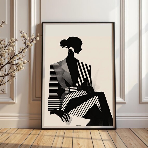 Black and White Fashion Silhouette Seated Woman Striped Wall Art