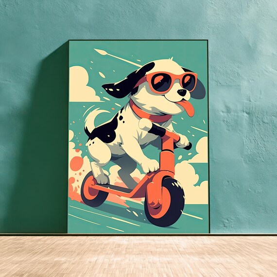 Playful Dalmatian Puppy Riding Red Scooter Sunglasses Art Poster