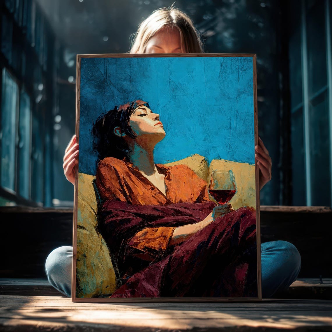 Relaxed Woman With Wine On Sofa Modern Oil Painting Art Poster