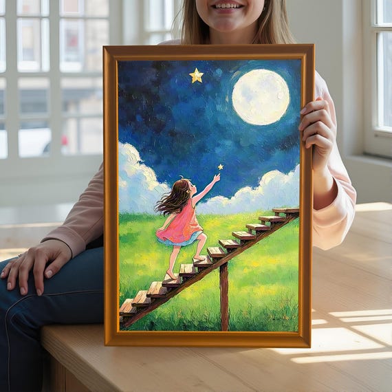 Girl Reaching For Star Inspirational Art Print Wood Framed Wall Decor