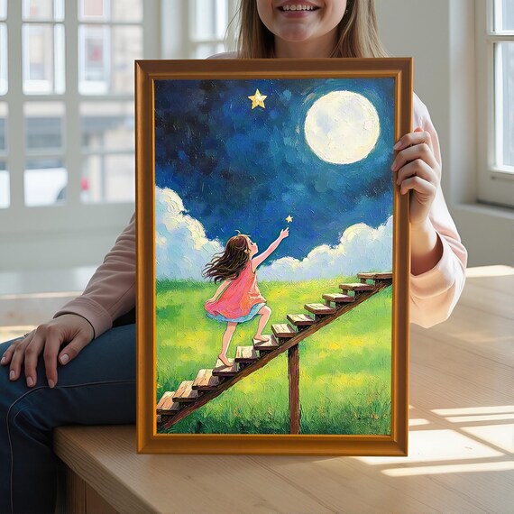Girl Reaching for Star Moonlit Night Inspirational Dream Art Poster