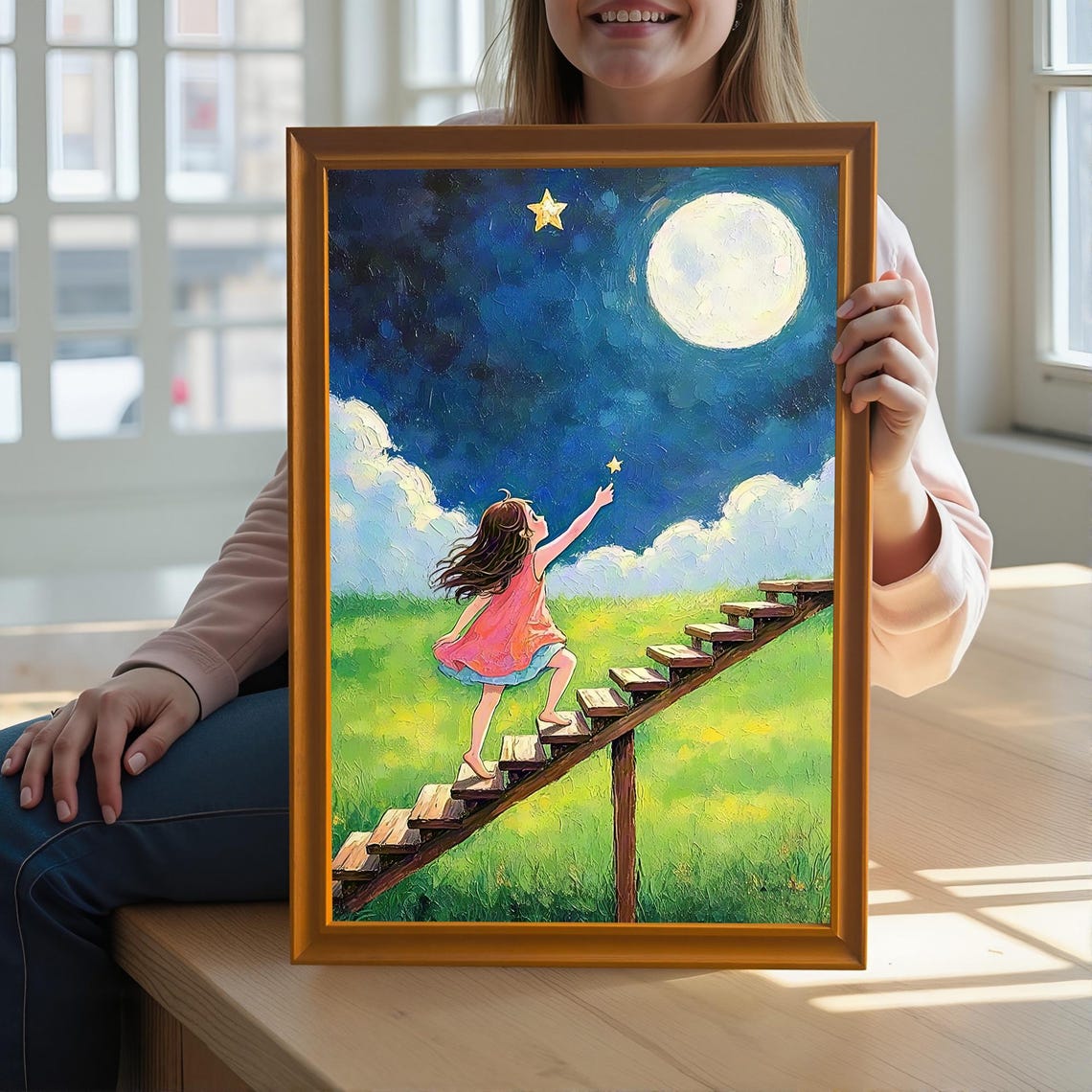 Girl Reaching for Star Moonlit Night Inspirational Dream Art Poster