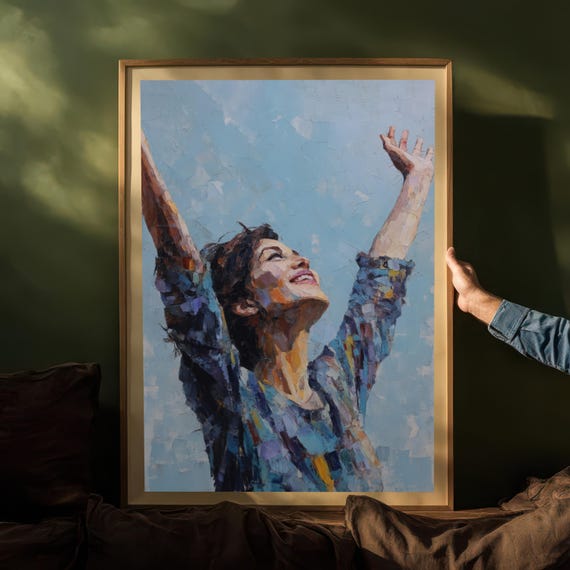 Palette Knife Woman Art Expressive Joyful Female Figure Painting Textured Blue Sky Wall Decor