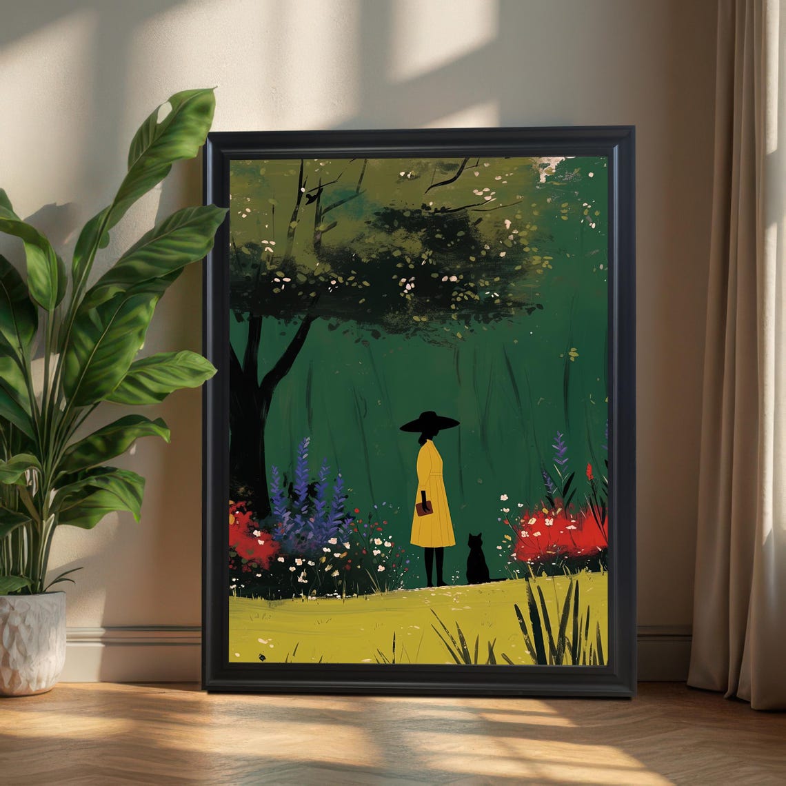 Woman In Yellow Dress With Black Cat Garden Illustration Poster