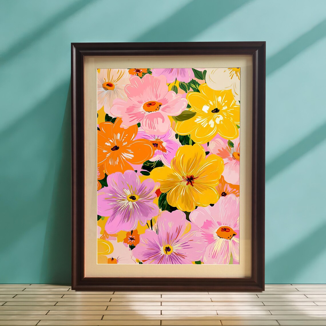 Vibrant Floral Bloom Wood Wall Art Colorful Botanical Print Modern Giclee Framed Poster