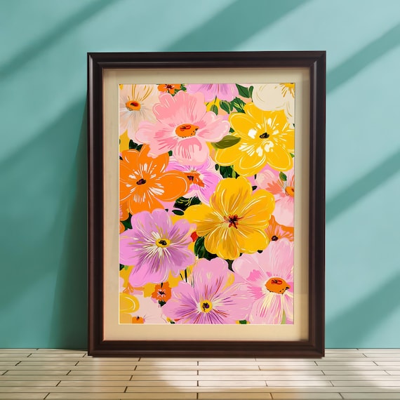 Pink Orange and Yellow Wildflower Garden Bloom Pattern Poster