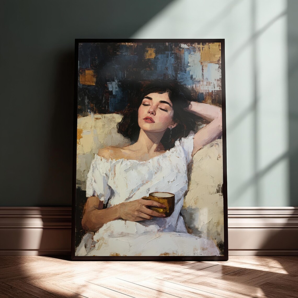 Relaxed Woman With Coffee Cup Impasto Oil Painting Art Poster
