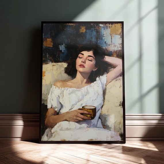 Relaxing Woman Portrait Art Serene Female Figure Impasto Style Wall Cozy Home Decor