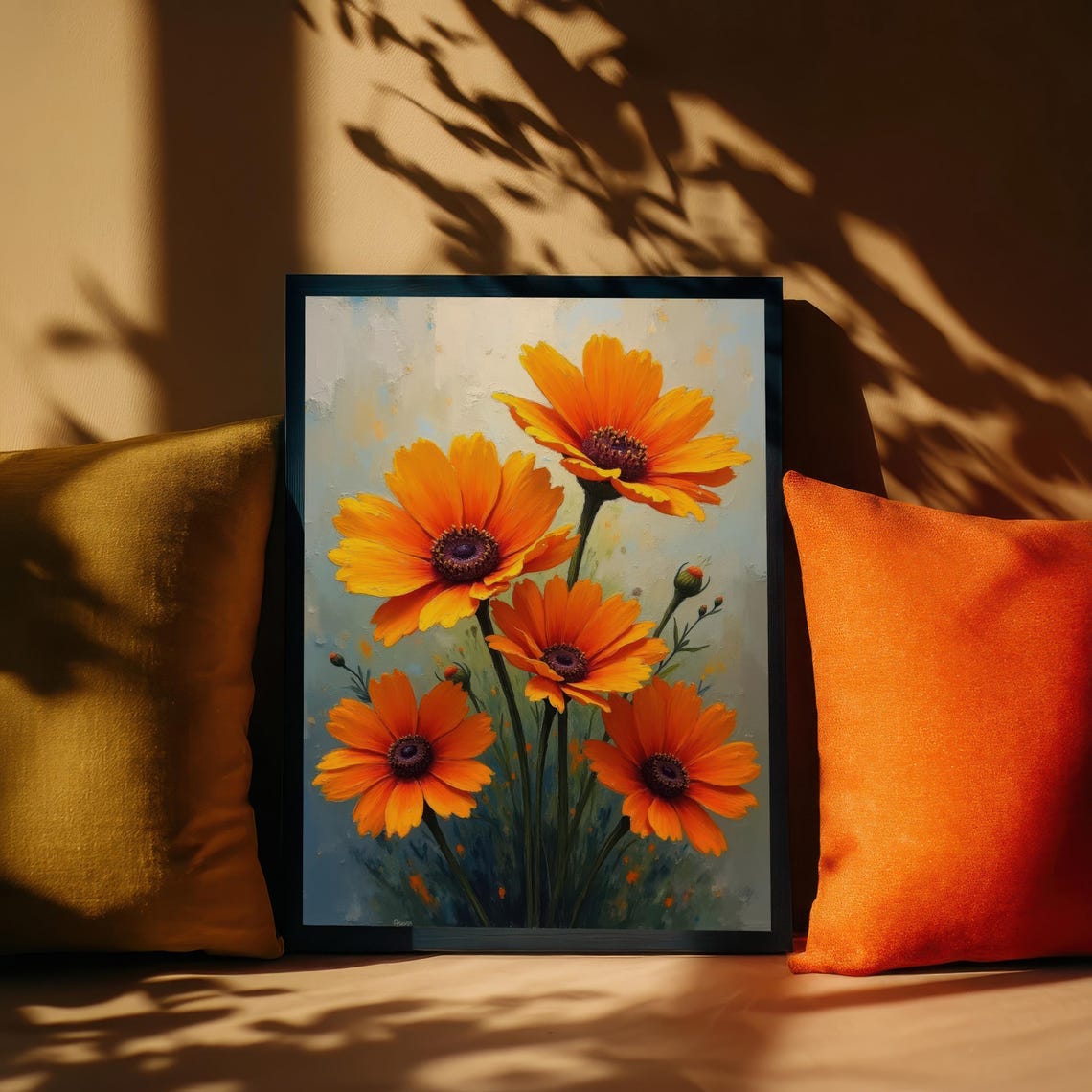 Vibrant Orange Daisy Flowers Botanical Cheerful Painting Poster