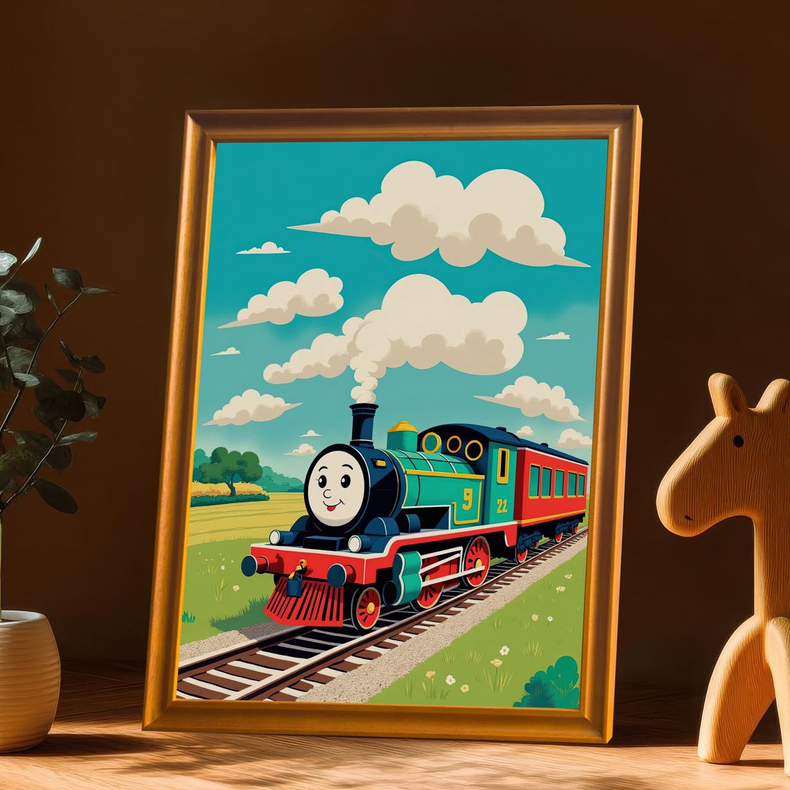 Smiling Cartoon Train Steam Engine Blue Sky Nursery Art Poster