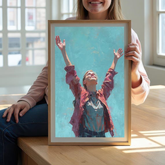 Joyful Woman Arms Raised Painting Empowering Sky Blue Art Print Modern Impressionist For Home Decor